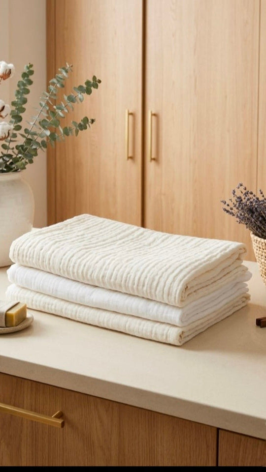 white muslin bath towel