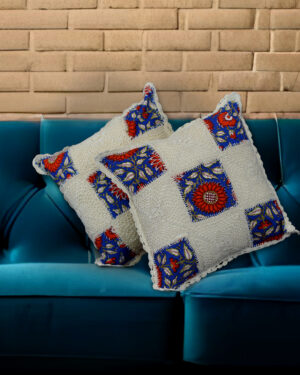 Pure cotton crochet cushion cover 16x16 blue printed design
