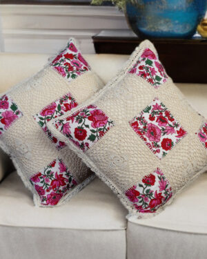 Pure cotton crochet cushion cover 16x16 inch pink printed with hand crochet design