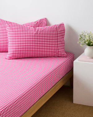 Pure cotton elastic fitted bedsheet in white and pink check design with matching pillow covers