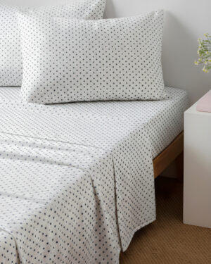 Pure cotton fitted bedsheet black dotted design on white with attached pillow covers